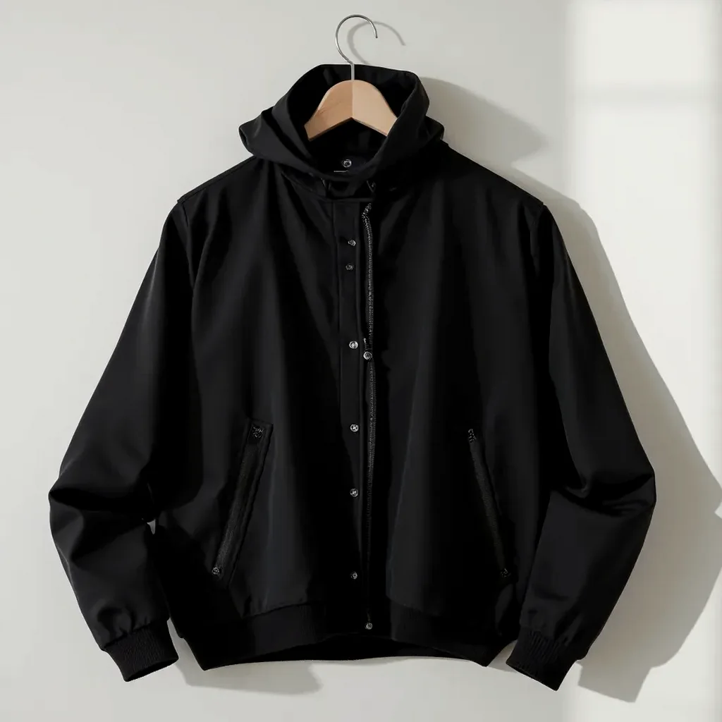 Neatly folded black cotton jacket laid flat, showing the fabric's drape and even color, soft natural light bringing out the texture