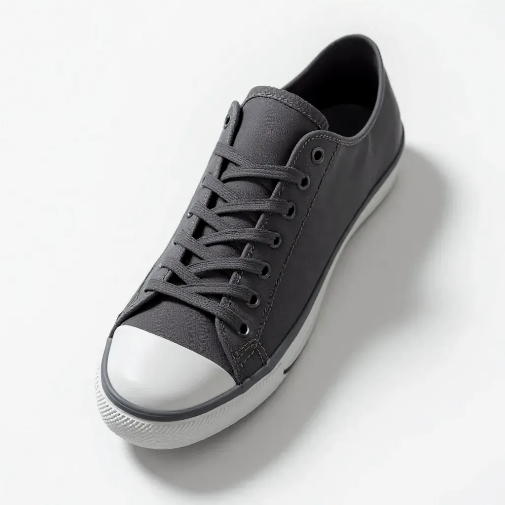 Urban canvas sneaker on a clean white surface, showing the charcoal grey color and fine stitching from a top-down angle in natural studio light
