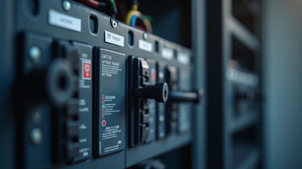 Close-up of labeled circuit breaker switches in organized panel, clear text labels on each breaker, professional utility installation