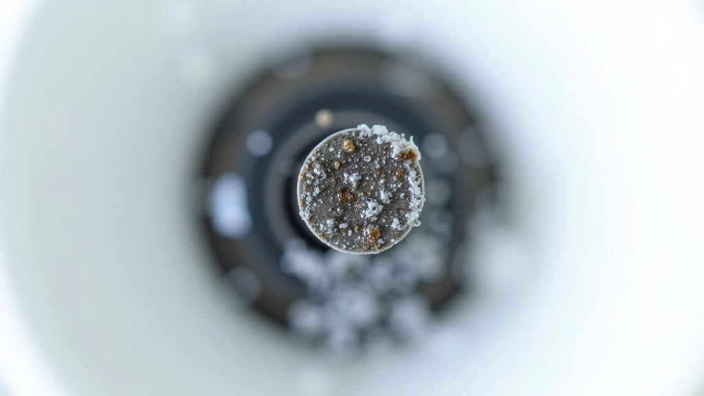 Bathroom sink aerator screen showing mineral buildup and sediment deposits under magnification