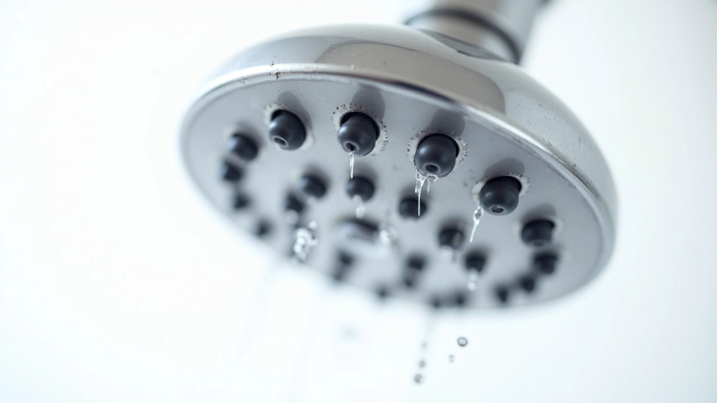 Shower head with visible mineral buildup showing reduced water outlet openings