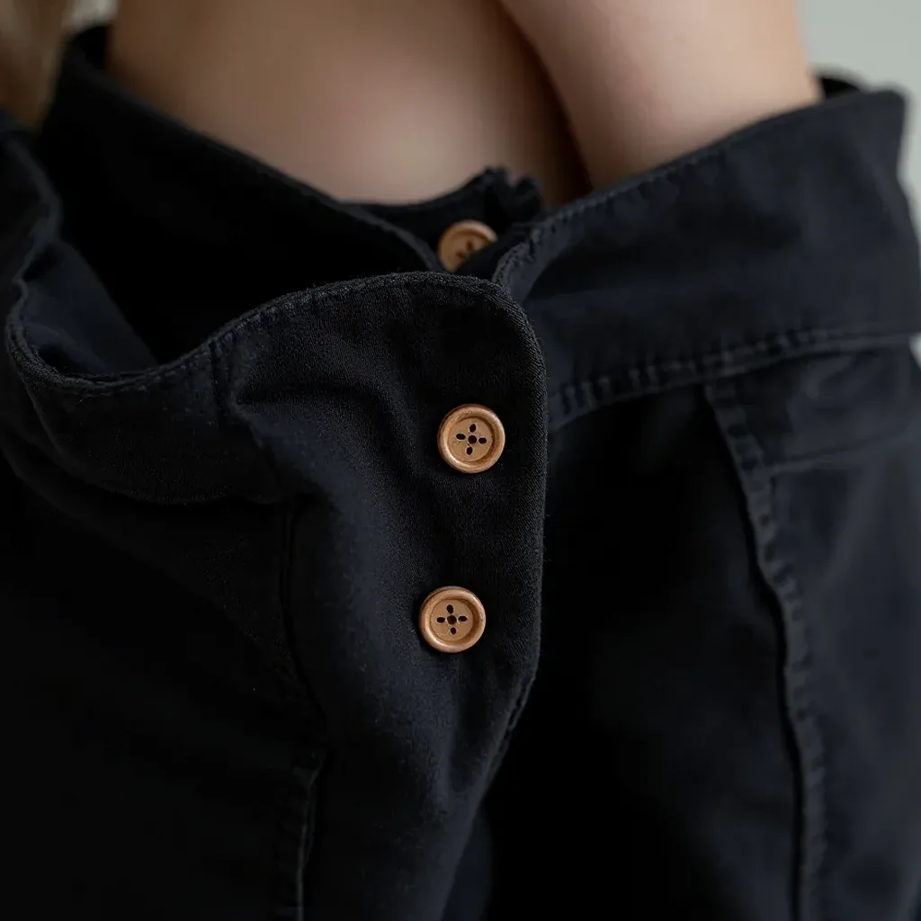 Close-up of a black cotton jacket showing topstitched seams, wooden button construction, and fabric texture, with even lighting that highlights the stitching quality