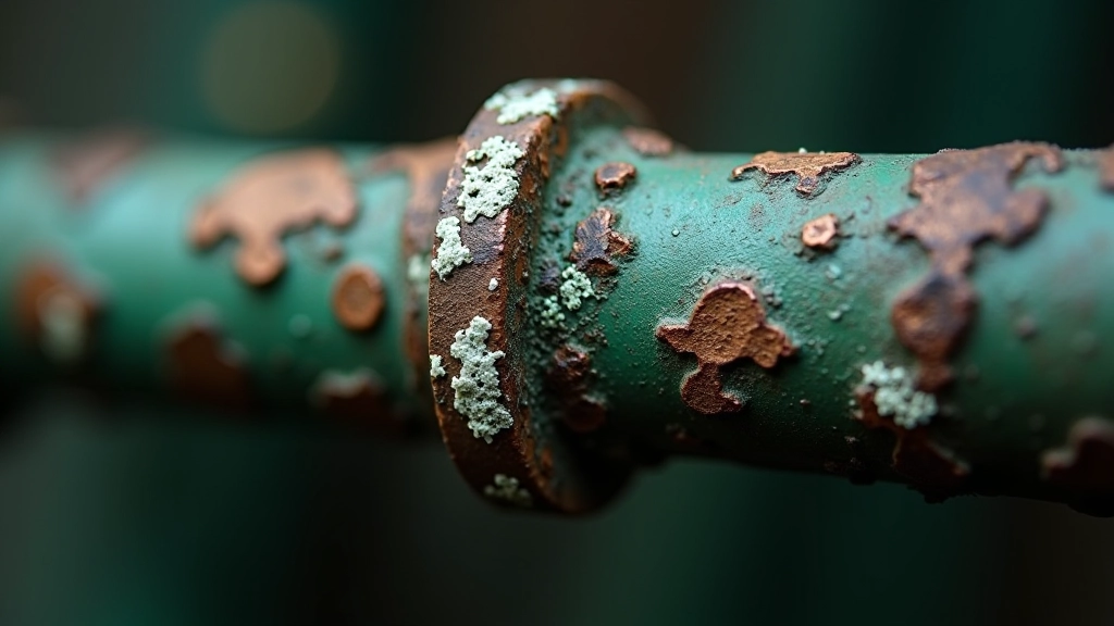 Close-up of corroded copper pipe joint showing green oxidation and mineral deposits around connection points