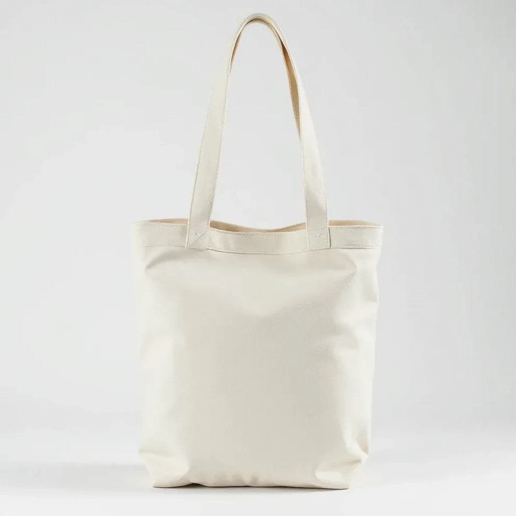 Minimalist canvas tote in cream, standing upright on a light background with its rope handles in view