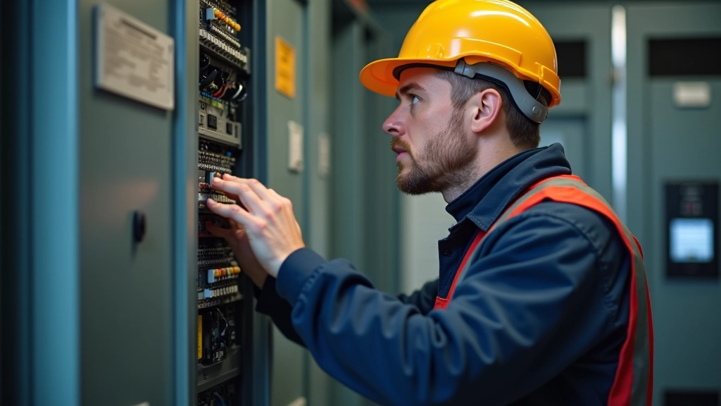 Electrician in full safety gear examining residential electrical panel and circuit breakers