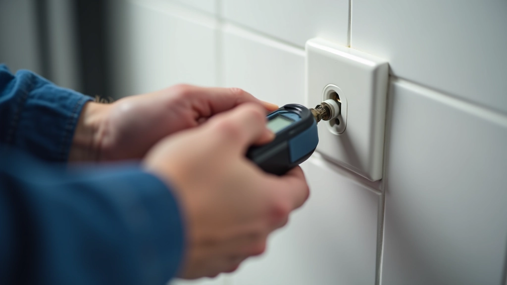 Electrician checking GFCI outlet in bathroom with testing device, electrical safety inspection