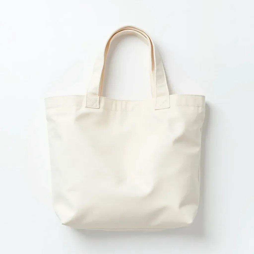 Flat lay product shot of a cream canvas tote seen from above, showing its full dimensions and shape against a white background with a ruler for reference