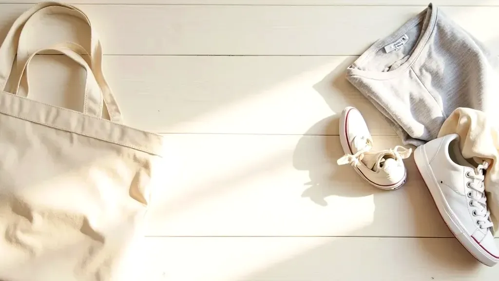 Contemporary casual setup with a folded canvas tote, a sneaker, and muted clothing laid out on a pale wooden surface as soft morning light spills across