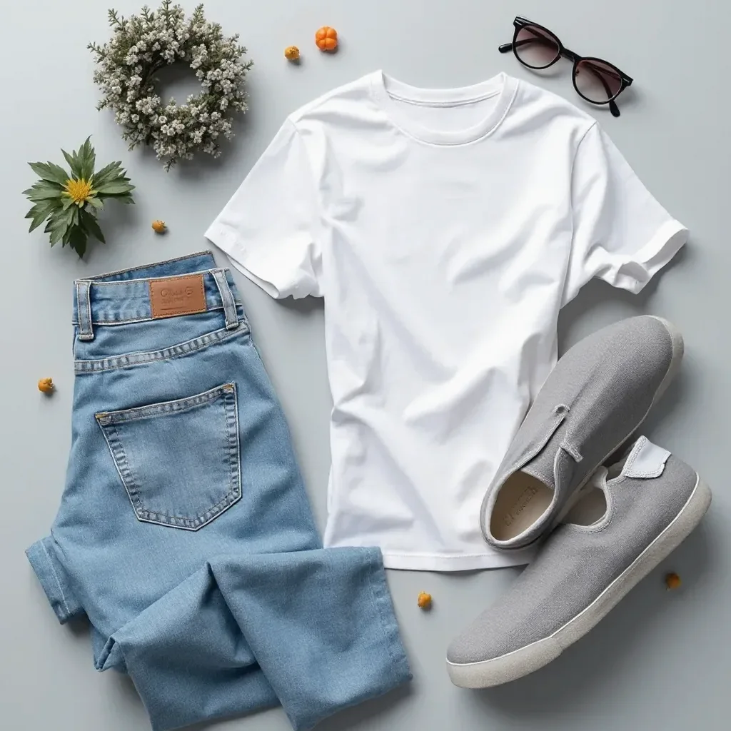 Styled flat lay of a grey canvas sneaker alongside casual clothing, jeans, and a neutral color palette on a light background