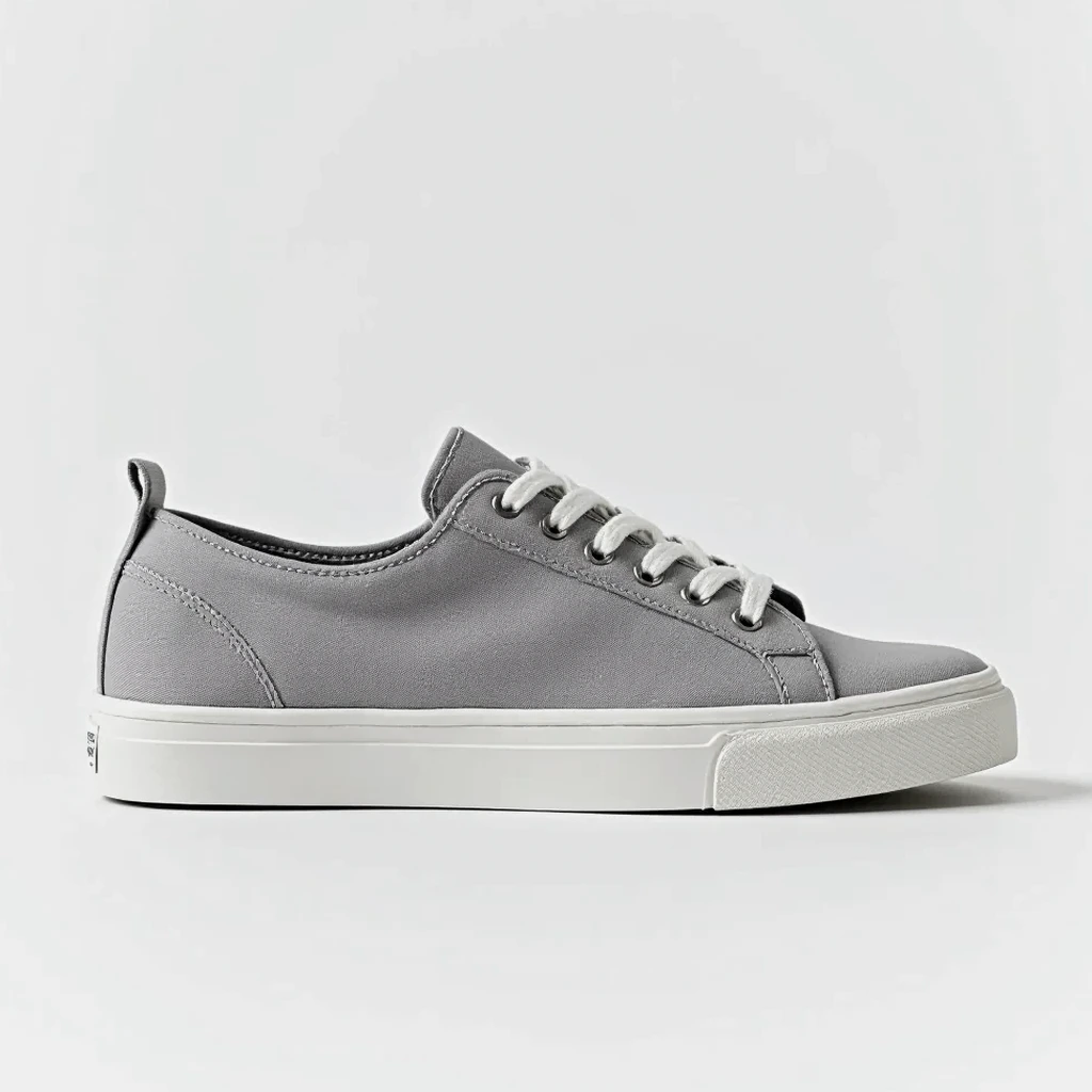 Grey canvas sneaker captured from the side under studio lighting that brings out its texture, the whole shoe in sharp focus with the sole on view