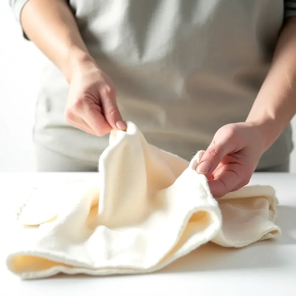 Hands gently cleaning a cream canvas tote with a soft brush and cloth, showing how to care for it