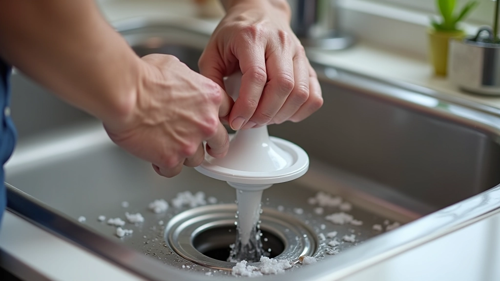 Hands clearing drain debris from sink drain with plunger, fall maintenance routine