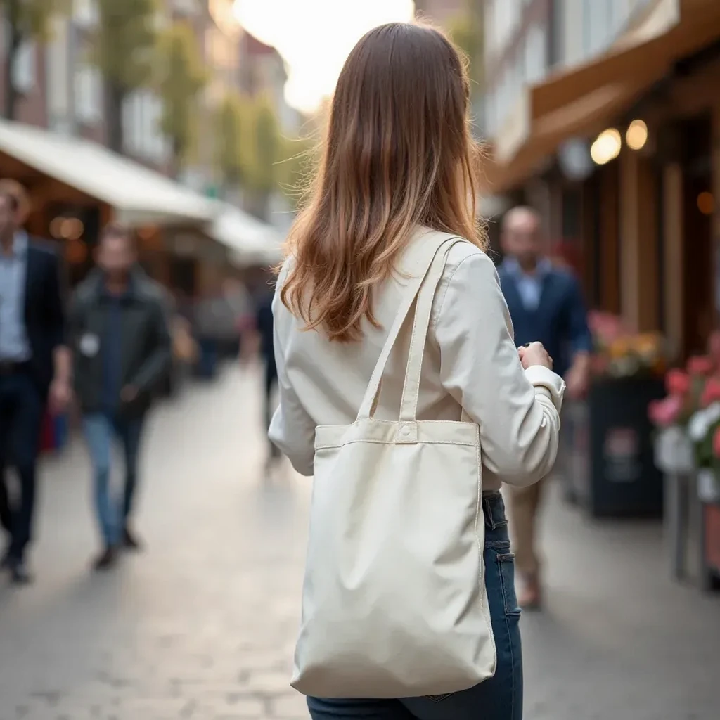 Lifestyle shot of a cream canvas tote carried over the shoulder of someone walking through an Amsterdam street market in natural daylight