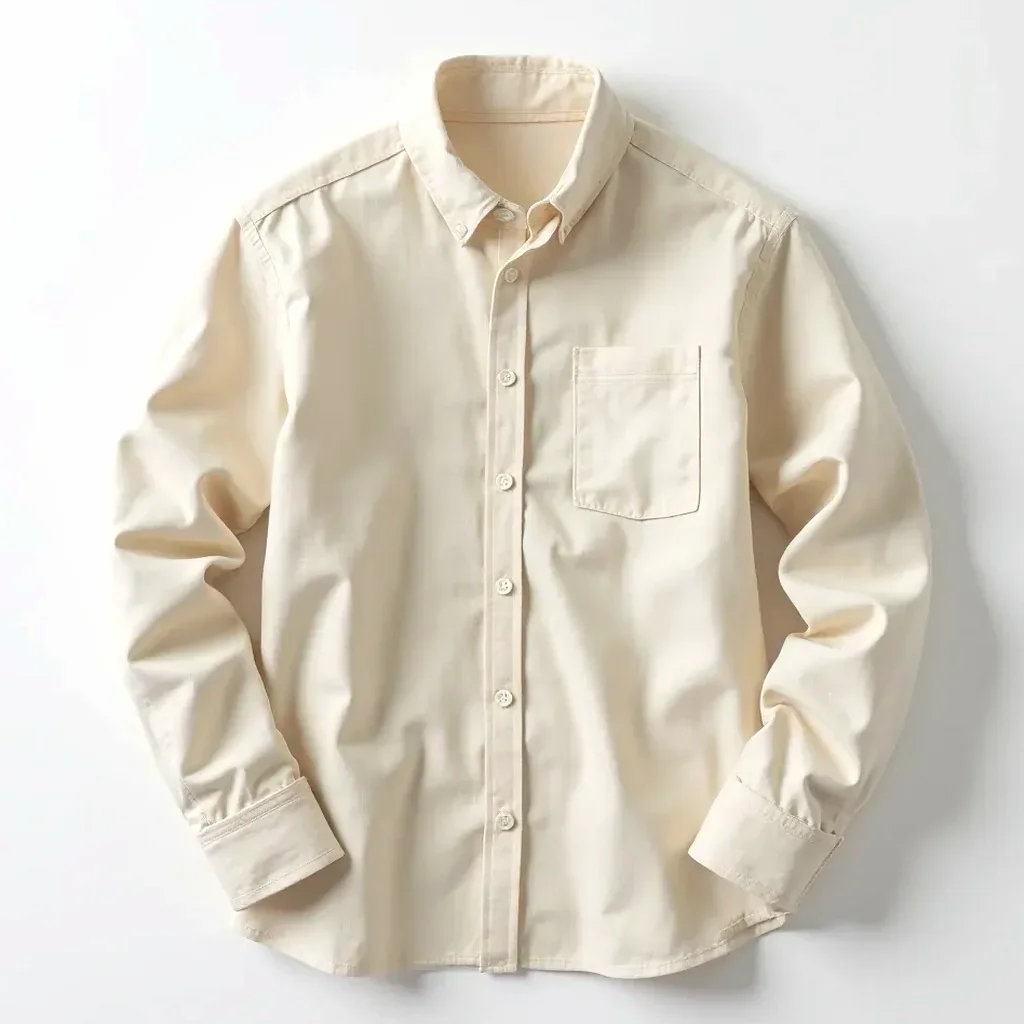 Natural beige linen button-up shirt with mother-of-pearl buttons, sharp studio lighting against a white backdrop