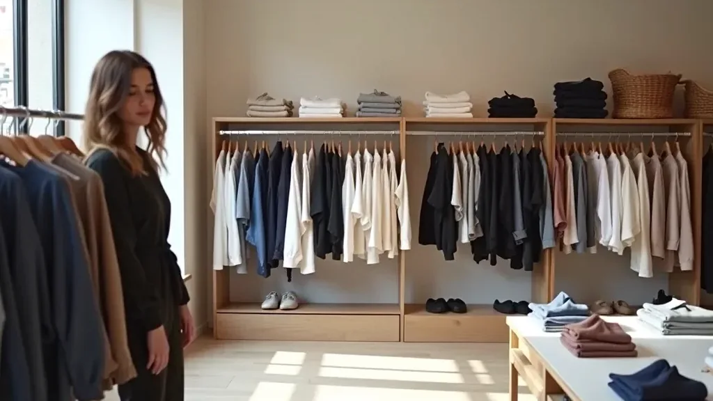 Neatly arranged retail display of casual clothing and everyday basics