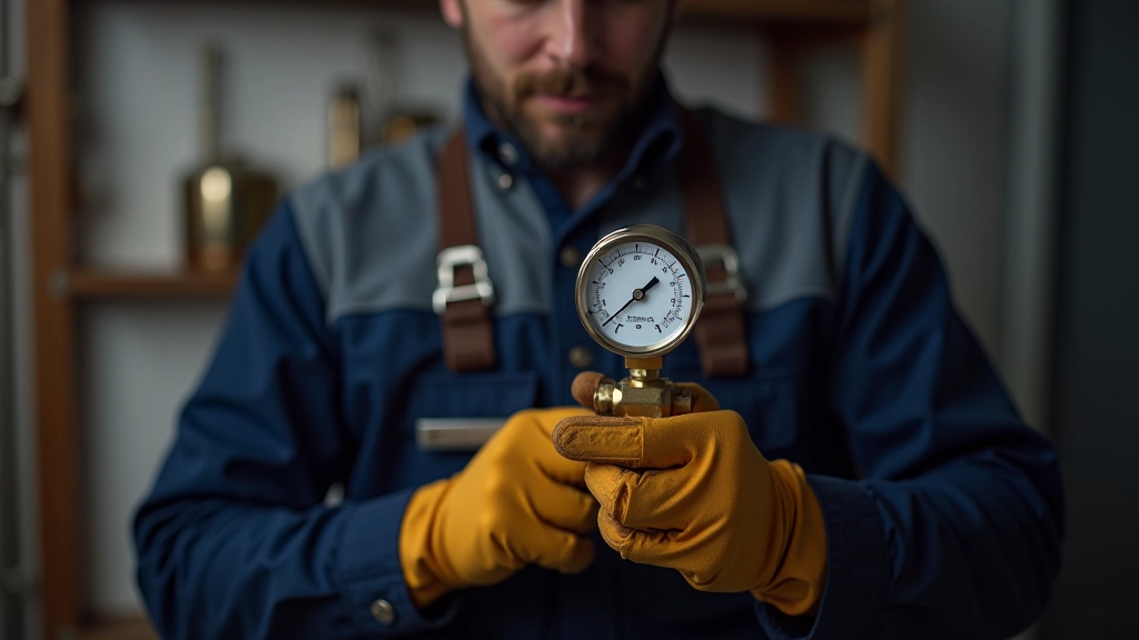 Plumber using pressure gauge to test water system output reading pressure levels