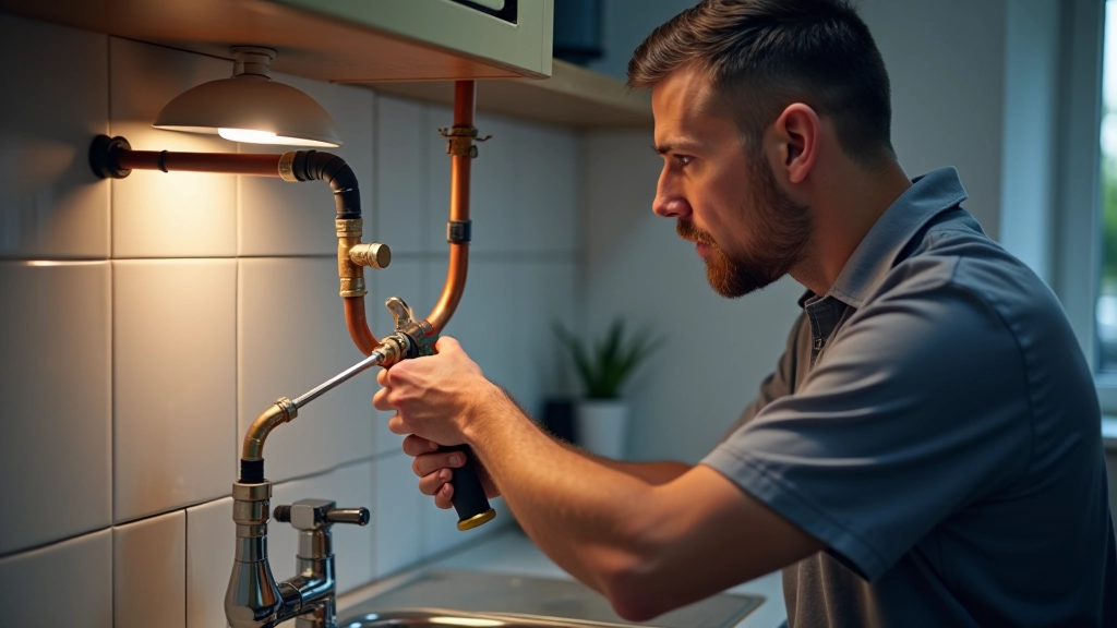 Professional plumber inspecting pipes under kitchen sink for damage and leaks