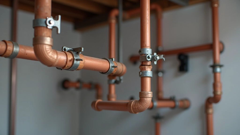 Interior view of copper and plastic pipes running along basement wall with visible clips and support brackets