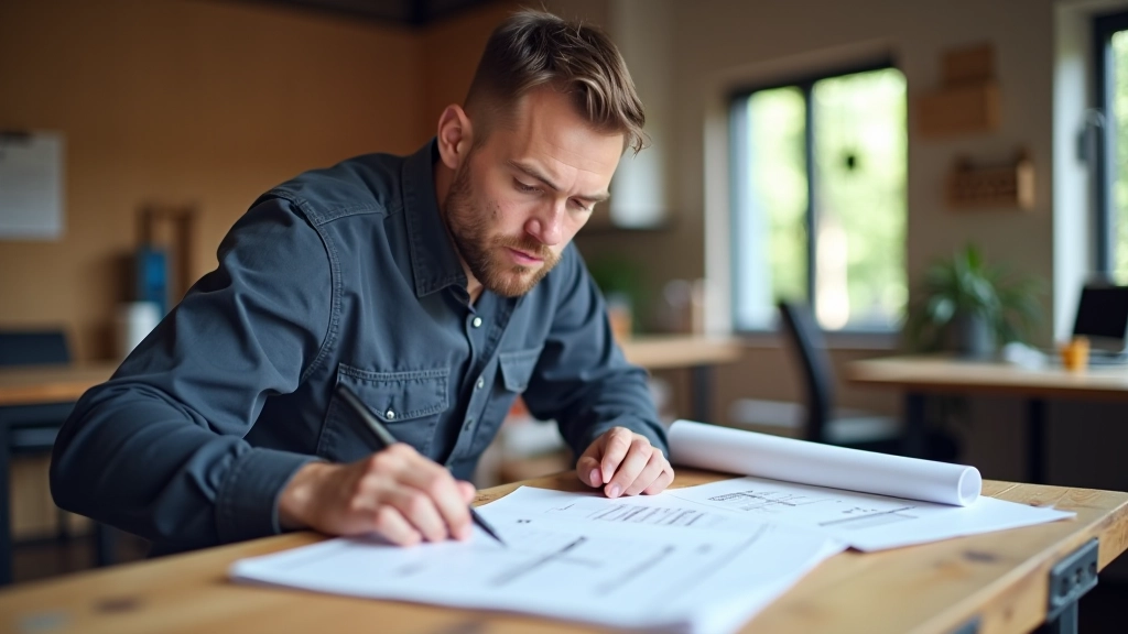 Professional workspace with tools and technical documentation for plumbing and electrical systems