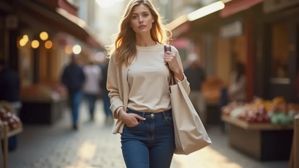 Young woman in casual canvas shoes carrying a simple tote, strolling past a lively Amsterdam street market with colorful stalls in soft daylight