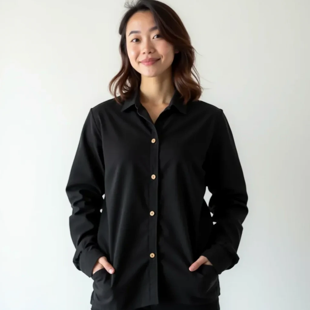Structured cotton jacket on a model, showing the tailored fit through the shoulders and waist, the wooden button details, and a hem that sits at hip length for flattering proportions