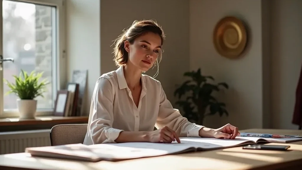 Marieke at her workspace, fabric swatches, style guides, and fashion references spread across a wooden desk in natural morning light from the window